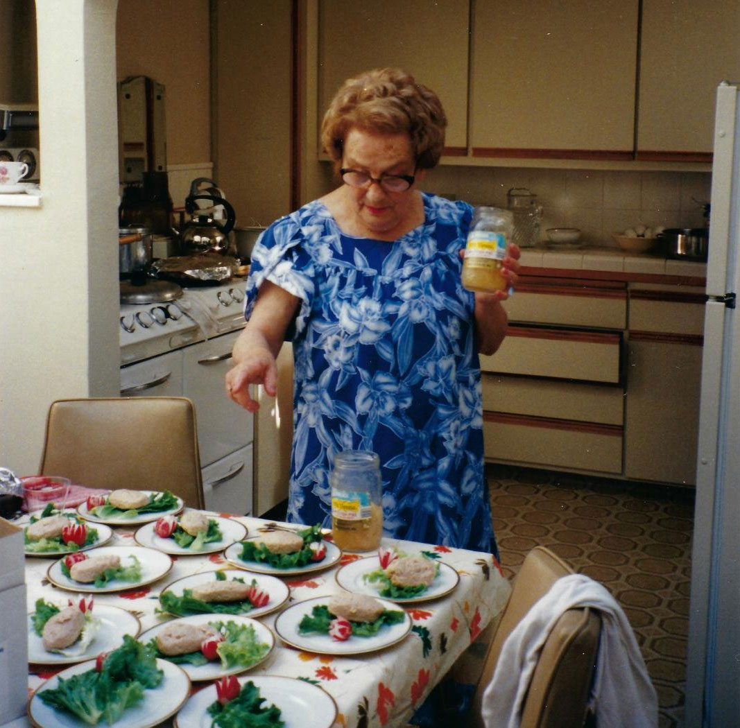My mother counting gefilte fish before the Passover seder