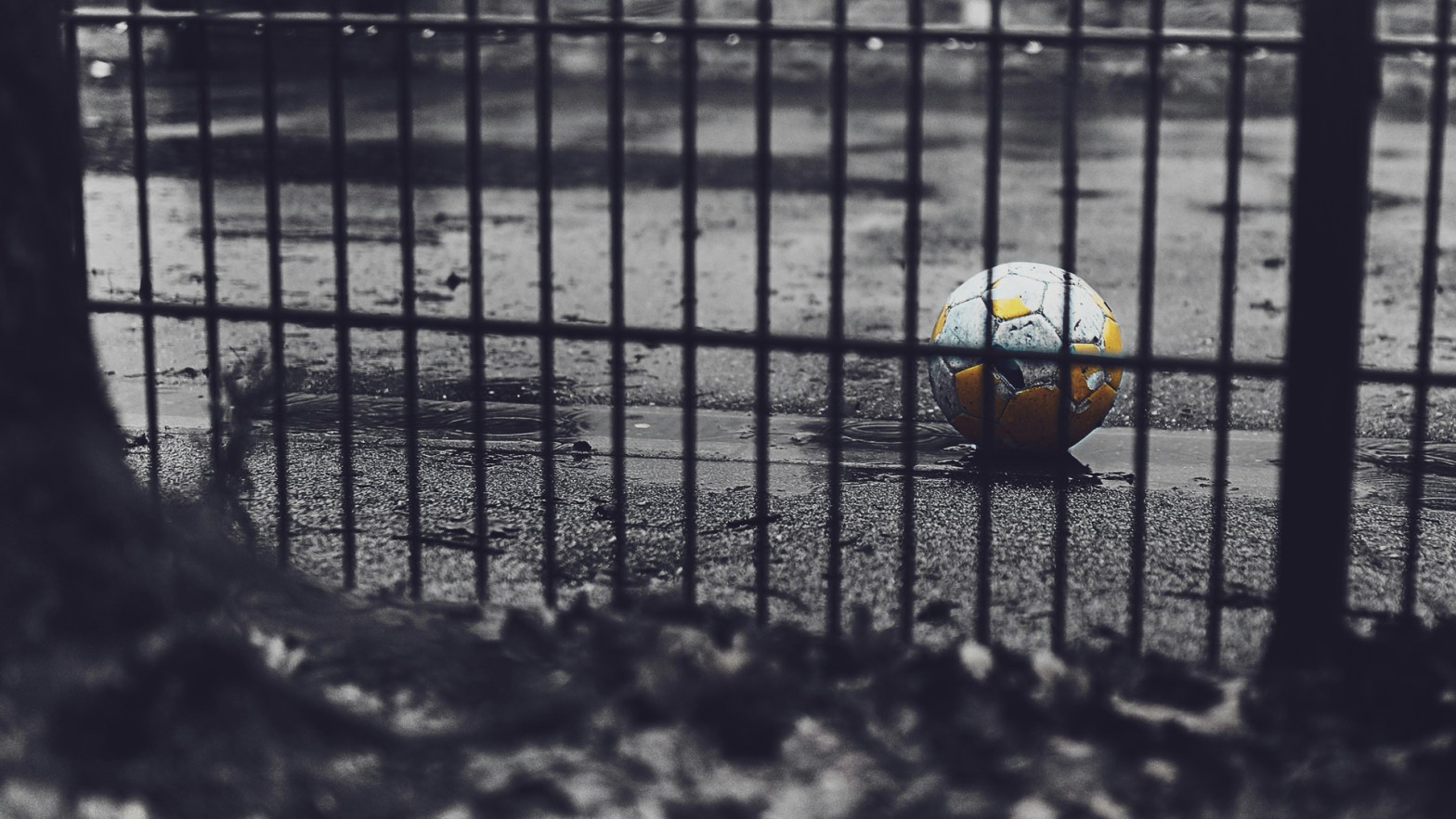 Soccer ball abandoned on rainy schoolyard
